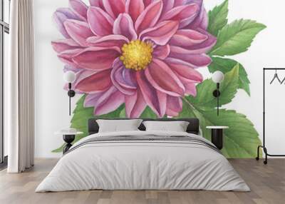 Сloseup pink Dahlia flower with leaves. Watercolor hand drawn painting illustration isolated on white background. Wall mural