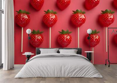 Red fresh strawberries in caramel on a stick on a red background, flat lay, top view Wall mural