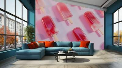 Red ice cream popsicle on a stick on a white background, flat lay Wall mural