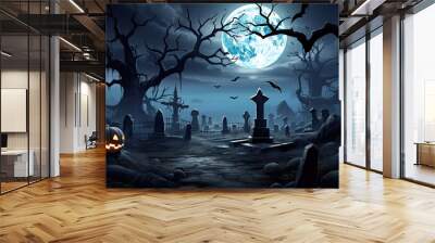 On a spooky night, a full moon looms shining above a graveyard, where smiling pumpkins and a flying bat add eerie charm to Halloween Wall mural