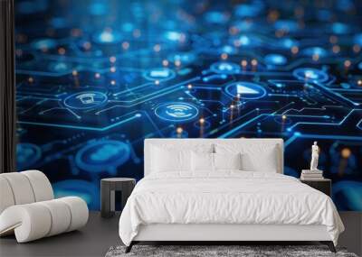 blue technology background with blue glowing icons and wires Wall mural