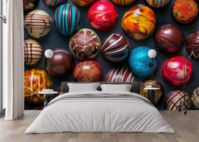 Closeup of bright patterned chocolate bonbon on black background Wall mural