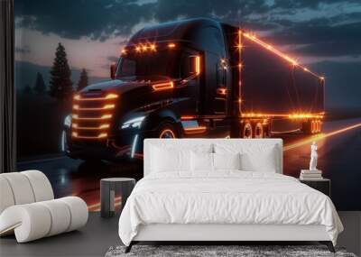 Futuristic black truck with lights on the road Wall mural