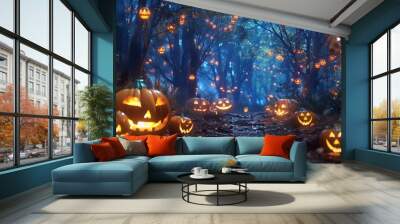 Halloween background with glowing pumpkins and lanterns Wall mural