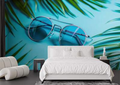 Pair of Sunglasses on blue sun background, White wallpaper with graphic design settings Wall mural