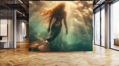 Silhouette of a mermaid swimming in the deep blue sea. Mythical creatures of the sea Wall mural