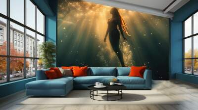 Silhouette of a mermaid swimming in the deep blue sea. Mythical creatures of the sea Wall mural