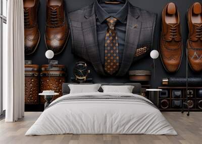 Top view of watches, men's shoes, ties, suits and perfume. Stylish men's accessories on dark background Wall mural