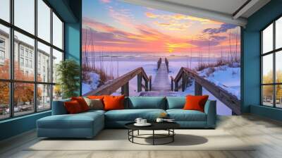 Winter sunrise over snowy beach with wooden bridge Wall mural