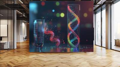 A colorful 3D model of a DNA helix sits next to a lab test tube, representing scientific research. Wall mural