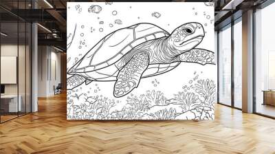 A fun coloring page for kids featuring a cute turtle underwater. Wall mural