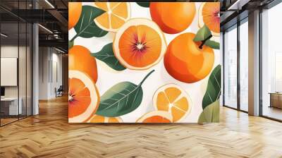 Vibrant persimmon illustration with juicy orange fruit, refreshing slices, and lush green leaves. This visually appealing design captures the essence of this seasonal delicacy.  Wall mural