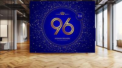 96th anniversary logo with gold numbers and glitter isolated on a blue background Wall mural