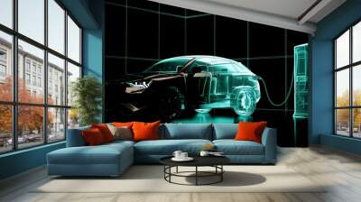 A modern electric car with a charging station turning into a futuristic hologram. 3D rendering Wall mural