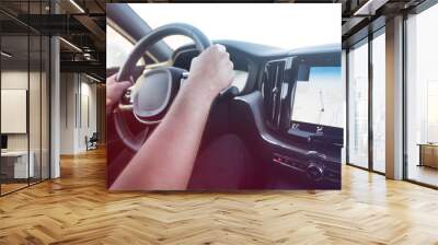 Businessman driving a car. Success in motion. Handsome young man driving a car. A man holds the steering wheel of a car. Wall mural