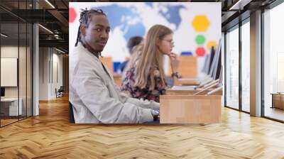 Group of students study in modern school computer lab classroom. African american male student looking into camera. Wall mural