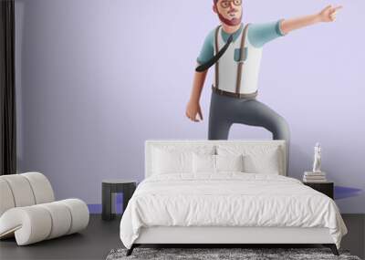 Young man standing on a giant paper plane and pointing forward. Mockup 3d character illustration Wall mural