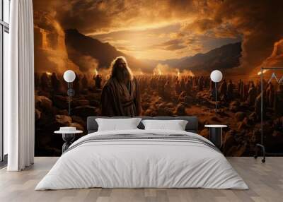 A cinematic portrayal of a biblical prophet in a dramatic desert setting with followers and fire Wall mural