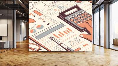 A desk filled with papers, charts, graphs, and a calculator, representing business analysis and planning tasks, featuring glasses and pens among the documents. Wall mural