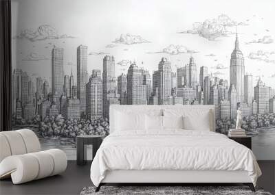 A detailed black and white illustration of a bustling cityscape featuring tall skyscrapers, intricate architectural details, and lush trees along the water's edge. Wall mural