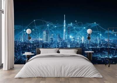 A digitally enhanced cityscape at night illuminated by interconnecting blue lines, symbolizing connectivity, network technologies, and modern urban life. Wall mural