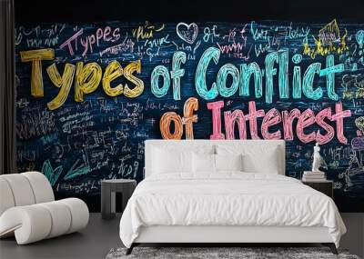 A lively chalk drawing illustrating the idea of 'Types of Conflict of Interest'. Bright colors and abstract shapes bring a creative spin to the serious topic. Wall mural