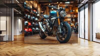 A modern motorcycle prominently displayed in a showroom, highlighted by meticulous design and surrounded by an array of helmets Wall mural