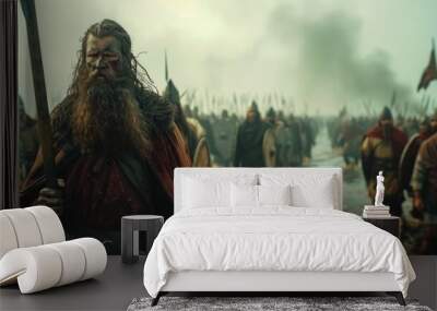 A powerful image capturing Viking warriors advancing through a fog-laden battlefield, invoking feelings of historical battles and legendary conquests. Wall mural