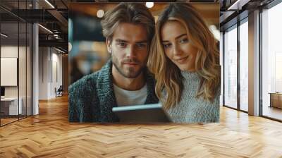 A stylish man and woman stand close in a cozy environment, both focusing on a tablet, suggesting connectivity and modern digital interactions. Wall mural