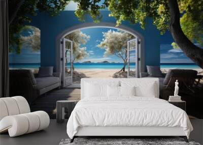 A surreal image of a tropical beach and ocean view seen from an open doorway, blending indoor comfort with exotic outdoor scenery Wall mural