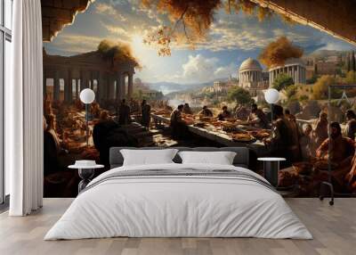 A vibrant depiction of an ancient Greek banquet with guests enjoying a feast amidst temple ruins at sunset Wall mural