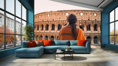 African american woman against Colosseum, Rome, Italy.  Tourist visit italian famous landmark. Generative AI. Wall mural