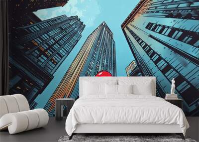 An artistic urban scene portrayed in a comic book style with a vibrant red balloon contrasting against towering skyscrapers Wall mural