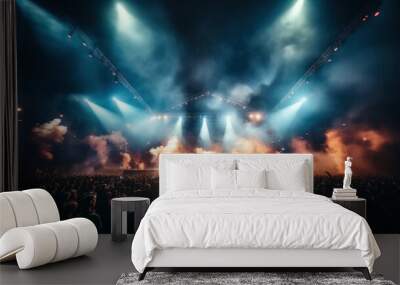 An enthusiastic crowd enjoys a spectacular light show at a music festival at night Wall mural