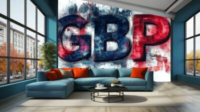 Artistic and textured text art depicting 'GBP - Great Britain Pound' in a blend of red and blue hues, enhancing the visual appeal of the British currency symbol on a light background. Wall mural