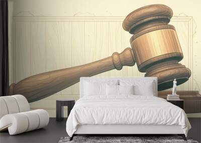 Artistic illustration of a judge's gavel symbolizing justice and authority, set on a textured background, invoking a sense of fairness and lawfulness. Wall mural