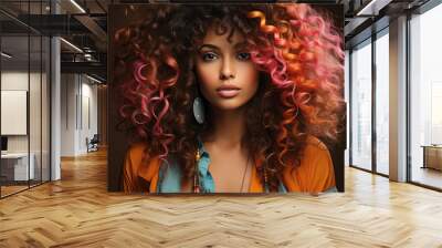 Beautiful african american woman with curly brown and pink hair on dark background. Generative AI. Wall mural