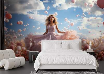 Beautiful Blonde Woman in Stunning Pink Dress Surrounded by Flowers and Balloons in a Dreamy Field Wall mural