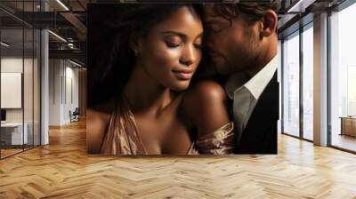 Beautiful interracial couple in love embracing and kissing, closeup. Joyful mixed-race sweethearts. Wall mural