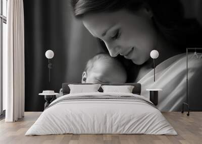 Black and white portrait of a beautiful mother with her newborn baby. Generative AI. Wall mural