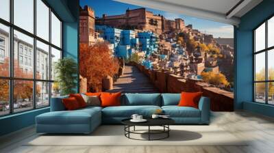 Blue city Chefchaouen in Morocco with historical buildings under a clear sky Wall mural