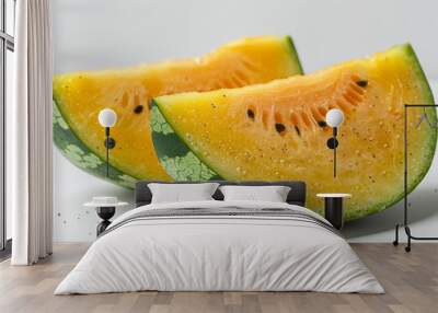 Close-up of fresh yellow watermelon slices on a white background Wall mural