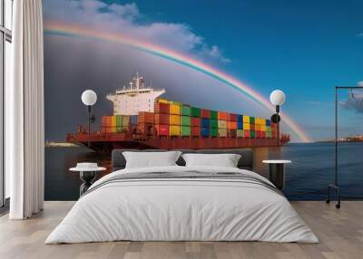 Colorful image featuring a large cargo ship loaded with containers under a double rainbow in a clear blue sky Wall mural