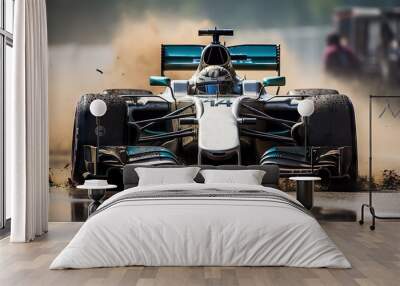 Dynamic Action Shot of a Formula One Car Racing on Track, Powerful Performance and Modern Aerodynamics Captured Wall mural