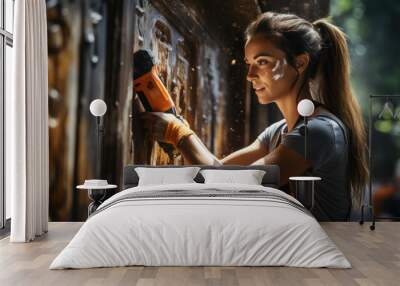 Female sculptor working on a piece of wood with drill. Wall mural