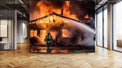 Firefighters in protective gear using hoses to douse a raging house fire at night for safety and disaster response Wall mural