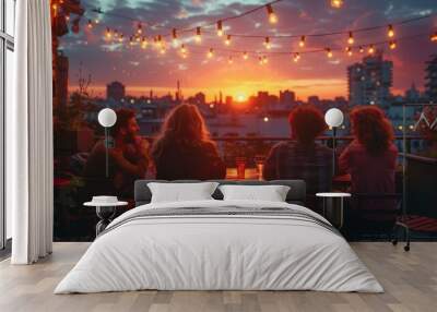 Group of young, stylish friends gather on an urban rooftop, surrounded by lights, enjoying a sunset together. The scene conveys warmth, friendship, and relaxation in a city setting. Wall mural