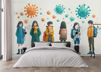 Group young people wearing face mask for preventing X virus outbreak, illustration. Wall mural