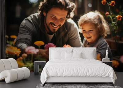 Happy father and his little daughter are florists flower or planting flowers together. Wall mural