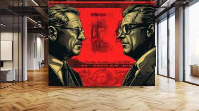 Illustration of businessmen in contrasting styles with currency background Wall mural